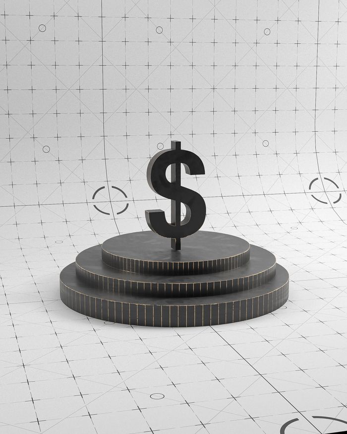 Conceptual 3D illustration of a dollar sign on a podium